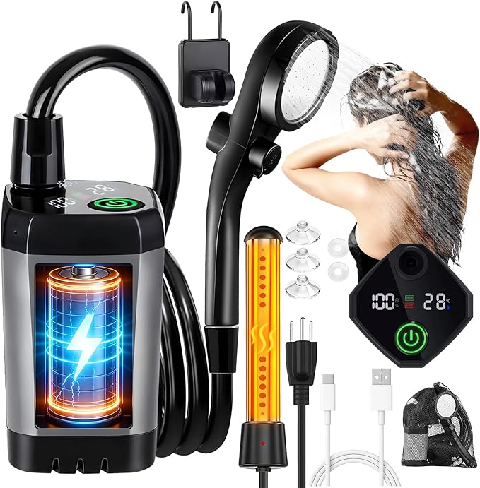 Camping Shower with Heater Portable – 6000mAh Rechargeable Hot Water Shower Pump with LED Display 3 Spray Modes for Outdoor Camping RV Pet Bath Car Wash Travel