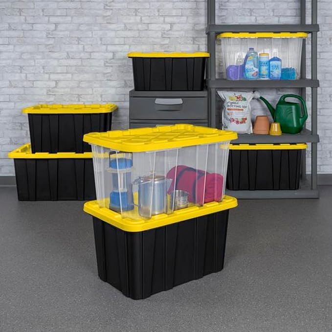 Sterilite 8-Pack 27 Gallon Industrial Storage Tote Heavy-Duty Plastic Bins Black/Yellow - Stackable Utility Organizers with Lids for Garage Camping Tools and Outdoor Gear