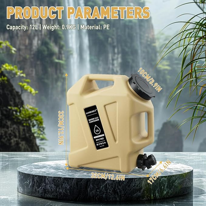 3.2 Gallon Water Jug12L Portable Water Container with Spigot Cleaning Brush Detachable Hose &amp Extra Lid Dual Handles Design BPA-Free Camping Hydration Canteen Outdoor Tank Storage PE - Khaki