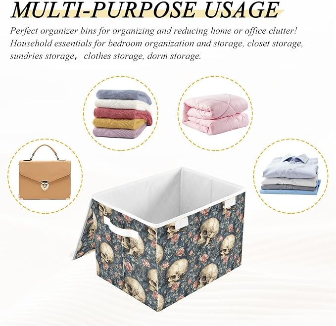 Storage Cube with Lid Flowers Skulls Print 16.5×12.6×11.8 IN 1 Pack Collapsible Large Capacity Foldable Storage Basket Bin Organizer