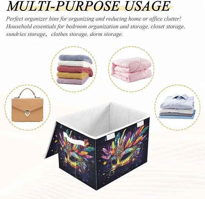 Doodle Mardi Gras Mask Pattern Foldable Storage Baskets Fabric Boxes with Handle Organizers with Flip-Top Lids Storage Bins for Home Bedroom Office