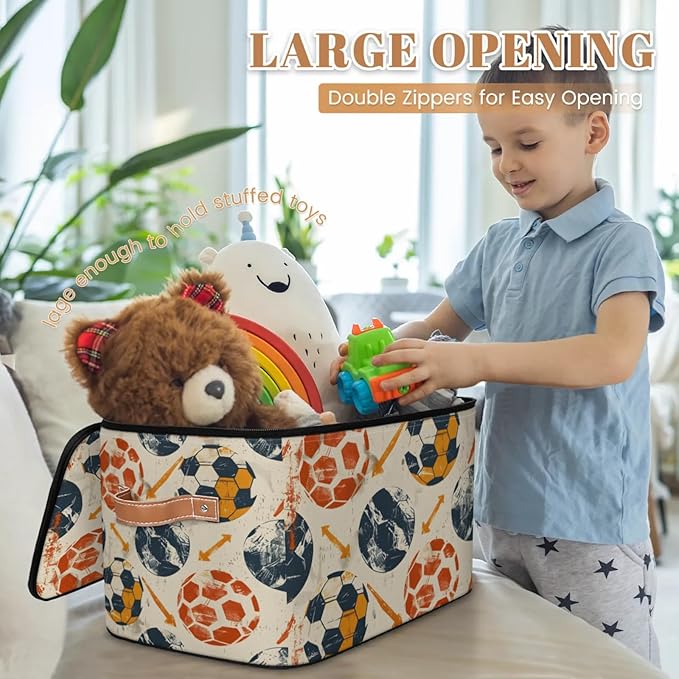 Storage Bins with Lids Soccers Print Storage Basket Clothes Organizer with Handles Closet Storage Containers for Clothing Bedding Blanket
