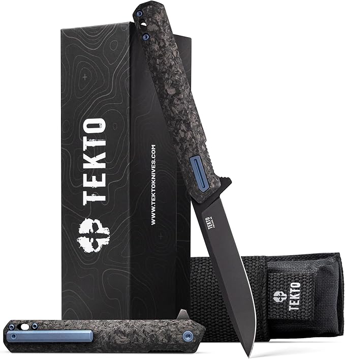 TEKTO F2 Bravo Folding Pocket Knife - D2 Steel Blade Ceramic Ball Bearings - EDC - Snap Swift Flip for Camping Backpacking - 2.4oz (68g) G10 Forged Carbon Handle Blue Titanium Accents