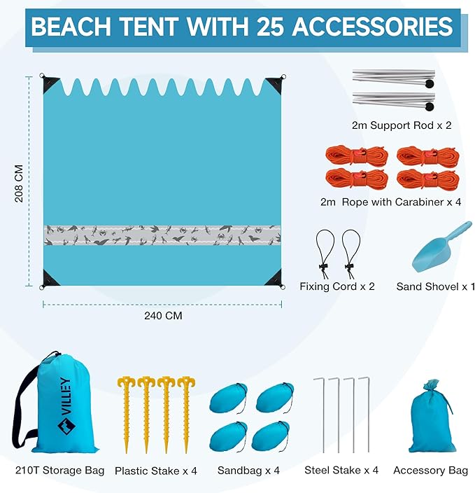 Villey Beach Tent Sun Shelter with UPF50+ Protection 8×7FT Portable Sun Shade with 2 Stability Poles 8 Ground Pegs 4 Sandbags and Sand Shovel Outdoor Beach Canopy for Camping Trips Picnics