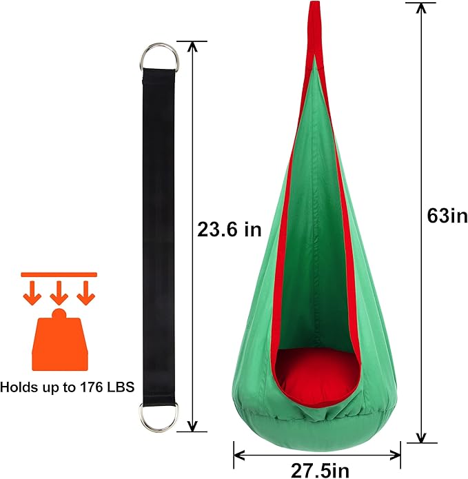 Y- STOP Kids Pod Swing Chair Hammock Chair Swing with Inflatable Pillow Sensory Swing with Pocket for Outdoor and Indoor Max 176Lbs(Green and Red)