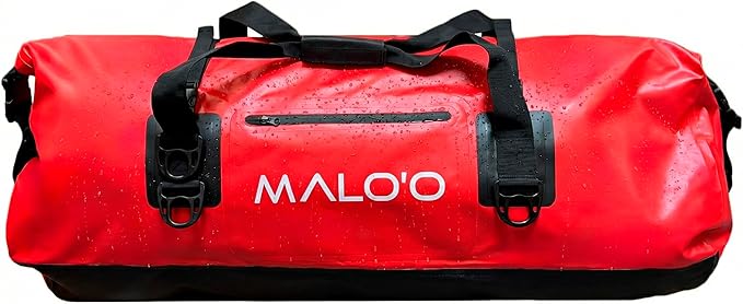 Malo’o Waterproof Dry Duffel Heavy-Duty Roll Top Waterproof Gear Bag with Shoulder Strap &amp Molle Loops Marine Duffel for Kayaking Boating Camping Beach &amp Travel Red 100L