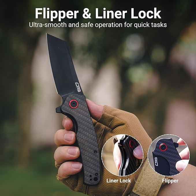 CJRB Crag Folding Pocket Knife 3.43 AR-RPM9 Steel Blade Carbon Fiber Handle EDC Knife with Pocket Clip for Men Women Camping Survival Hiking Black (J1904)