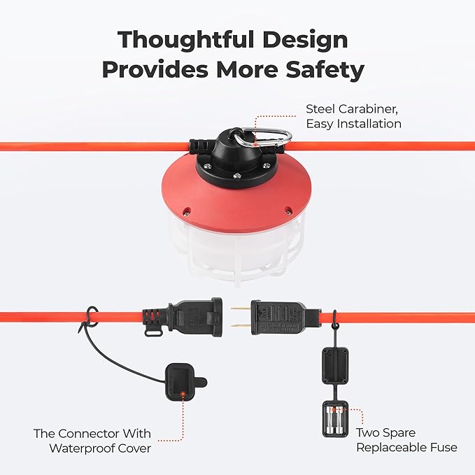 50FT Construction String Lights：75W 10500LM Linkable Super Bright LED String Work Lights for Construction Sites Temporary Work Jobsite IP65 Waterproof 18AWG Wire Work Light with Cage