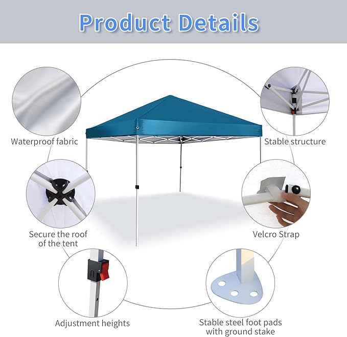 Pop Up Canopy 8X8 FTPortable Sun Instant Shelter w/Backpack BagWaterproofAdjustable Straight Leg Heights CanopiesOutdoor Tents for PartiesCampingCommercial EventLake Blue