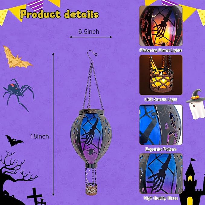 Halloween Outdoor Decorations Hot Air Balloon Solar Lantern with Flickering Flame Hanging Outdoor Lanterns with Skull Pattern Hollowed-Out Design Halloween Party Decor for Garden Patio (Halloween)