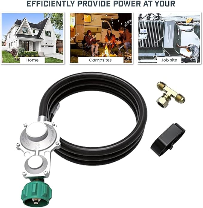 Firman 1810 LPG Tank Hose with 3-Way Fitting Integrated Regulator LP T Splitter &amp Hook and Loop Strap for Dual Fuel &amp Tri-Fuel Generators 5-Foot Hose for Extended Run Time Prevents Tank