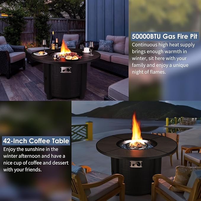 TLSUNNY 42in Propane Fire Pit Table 50000 BTU Auto-Ignition Outdoor Patio Fire Pit with Waterproof Cover Blue Fire Glass &amp Convertible Lid – CSA Certifiedfor Patio BalconyGarden