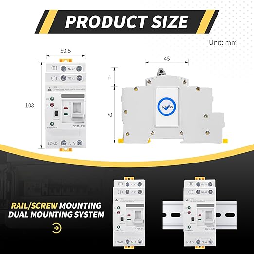 Mini ATS AC Automatic/Manual Transfer Switch 2P 63A 220V ATS Manual Transfer Switches for Uninterruptible Power Supply HomeDual Power Electrical Selector Switch DIN Rail Mount (G2R 2P 63A AC220V)