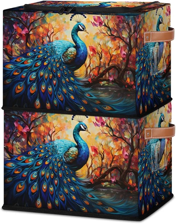 Clothes Storage Bins with Metal Frame Animal Peacock Storage Boxes with Zipper Lids Collapsible Cube Clothing Storage Bag with Leather Handle Closet Clothes Organizer Container