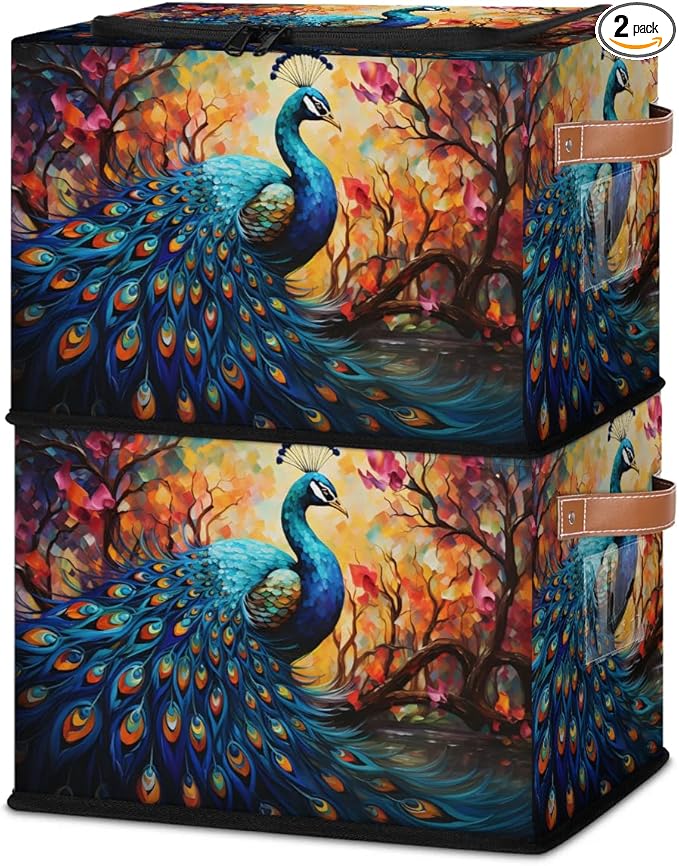 Animal Peacock Storage Bins with Zipper Lid 2pcs Stackable Storage Baskets Boxes with Metal Frame Closet Storage Cube Bin Organizer with PU Handles Clothes Storage Bag