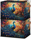 Animal Peacock Storage Bins with Zipper Lid 2pcs Stackable Storage Baskets Boxes with Metal Frame Closet Storage Cube Bin Organizer with PU Handles Clothes Storage Bag