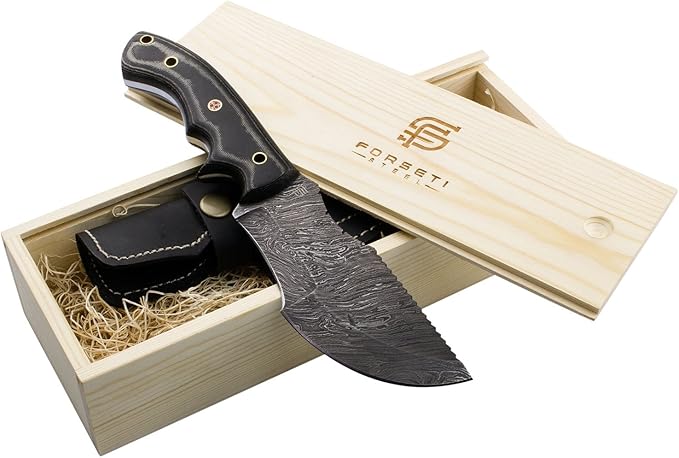Forseti Steel Ironside Damascus Steel Tracker – 9.75” Survival Knife – Viking-Inspired Micarta Handle and Raindrop Damascus Pattern