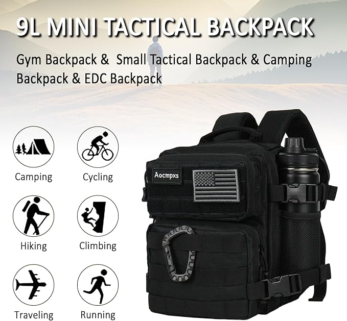Mini Tactical Backpack 9L Small Gym Backpacks Sport Bag for Men Women Molle Military Pack with US Flag Patch and Carabiner (Tan)