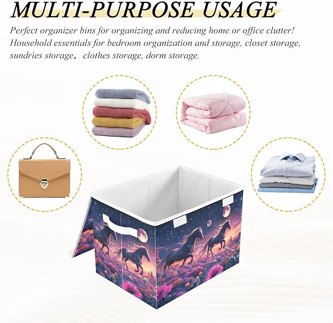 Storage Cube with Lid Surreal Horses Print 16.5×12.6×11.8 IN Collapsible Large Capacity Foldable Storage Basket Bin Organizer