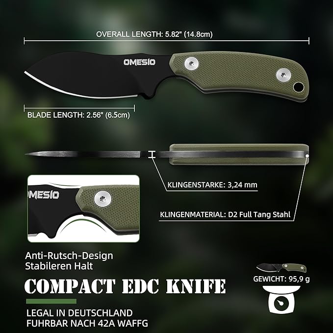 Omesio Neck Knife with Clip 5.9 Fixed Blade With Kydex Sheath and Necklance Nessmuk Blade Small Full Tang Tactical D2 Steel G10 Handle for EDC Outdoor Survival