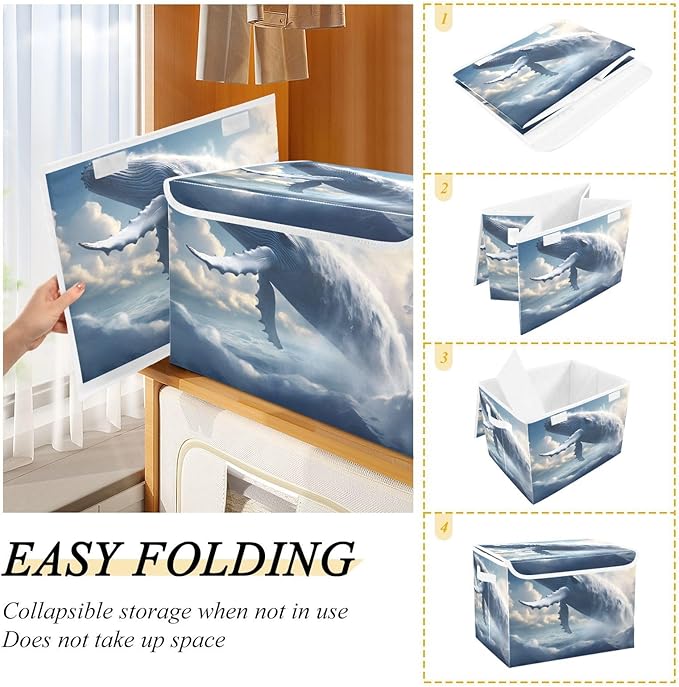 AIXIWAWA Lidded Storage Cube (Big Whale on Cloud) Fabric Foldable Closet Bins with Flip Lid and Handles Organizer Basket Container 16.5 x 12.6 x 11.8 IN
