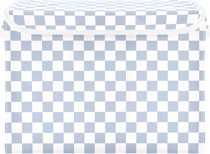 Light Blue White Checkerboard Storage Baskets Lidded Bin Foldable Storage Boxes Cubes Lids with 2 Handles for Organizing Closet Home Office