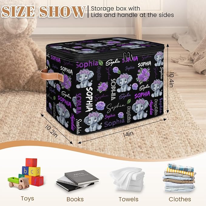 Custom Storage Bins with Zipper Lid Personalized Elephant Fabric Lidded Storage Baskets Boxes Foldable Cubes Clothes Organizer Container