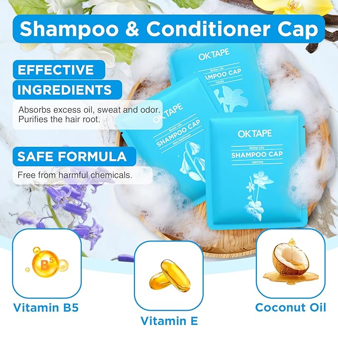 OK TAPE No Water Shampoo Caps (6 Pack) 3 Scents Rinse Free Shower Cap for Elderly After Surgery Camping Shampoo and Conditioner Hair Wash Cap (Jasmine Vanilla and Bellflower Scents)