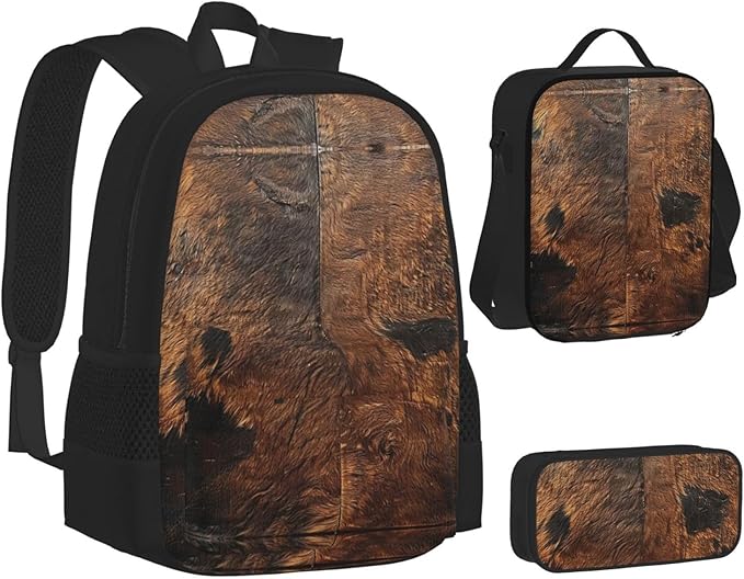Brown Cowhide Art Backpack With Lunch Box 3 In 1 Set With Pencil Case Large Capacity Backpack With Chest Strap