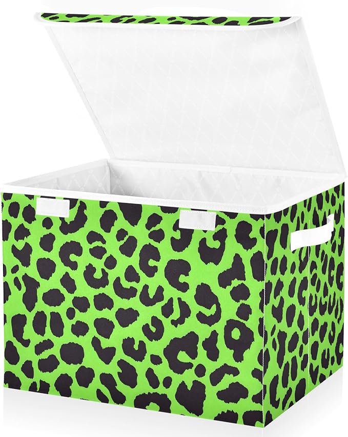 Storage Cube with Lid Green Leopard Camo Print 16.5×12.6×11.8 IN Collapsible Large Capacity Foldable Storage Basket Bin Organizer