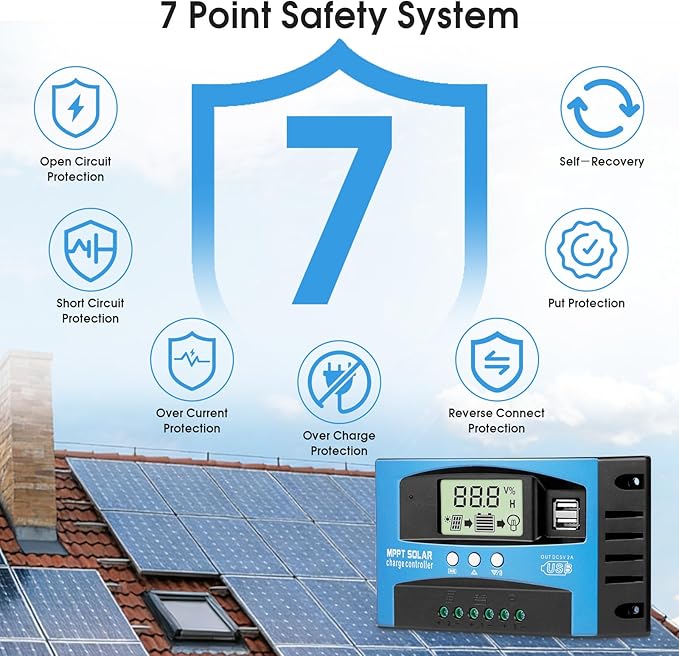 Solar Charge Controller MPPT 12/24V Auto-Switch Universal Controller for Lead-Acid &amp Lithium Batteries (60A)