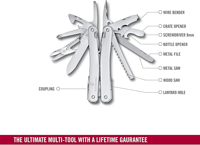 Victorinox Swiss Tool Spirit MX Swiss Army Knife 24 Function Swiss Made Multitool with Large Blade Pliers and Wire Cutter - Silver with Nylon Pouch