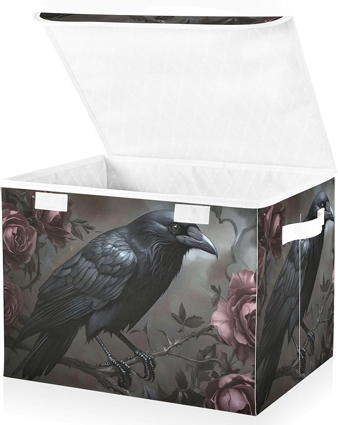 Raven Rose Gothic Red Collapsible Storage Bins with Lids &amp Handles Foldable Storage Boxes Basket with Flip-Top Lid for Home Office 16.5” x 12.6” x 11.8”