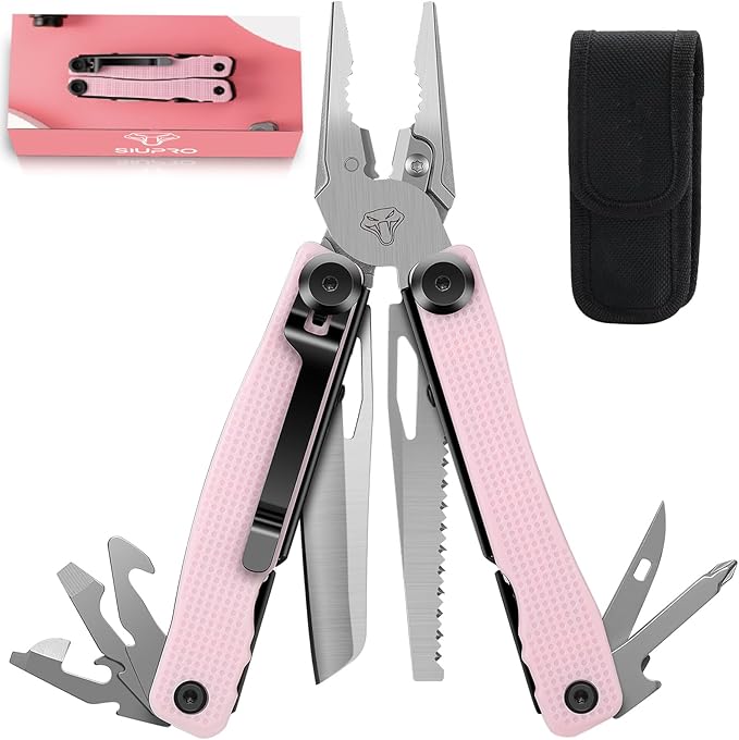 SIUPRO Multitool Pocket Knife for Men Women Tactical Multi Tool with Pliers Saw Screwdriver All Self-Locking Survival Gear With Clip and Pouch for Camping Gifts Idea Pink