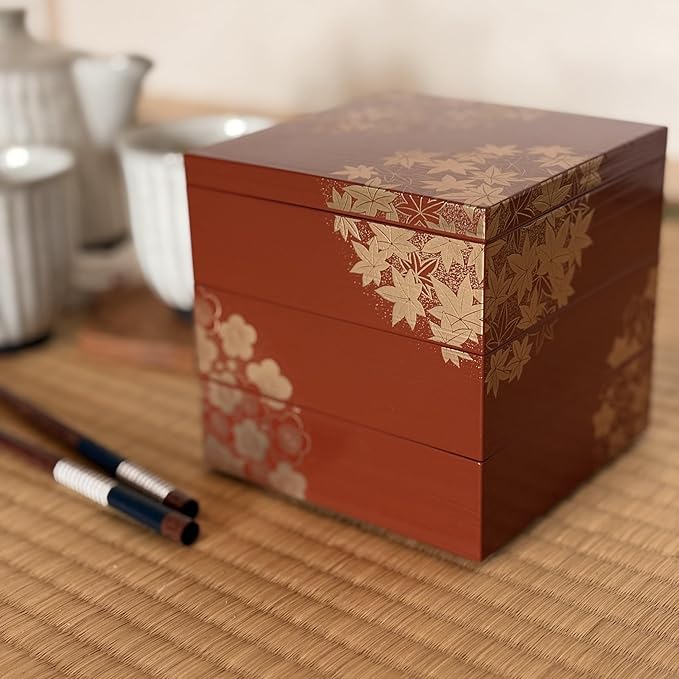 Japanese Jubako Box 3 Tiers Stacking Box with Lid Dishwasher Safe Yamanaka Lacquerware Hand-painted by Craftsmen