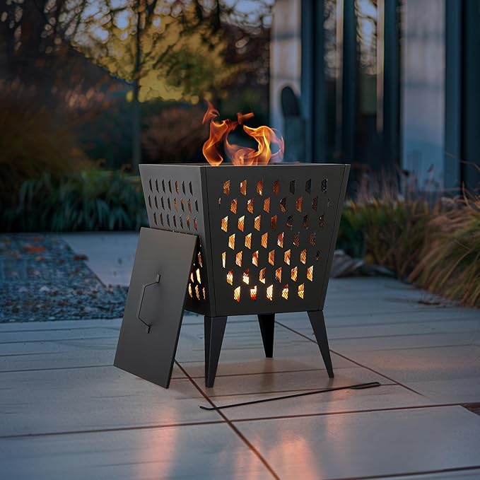 Sunjoy 18 in. Hartefeld Fire Pit Steel Outdoor Patio Fire Pit Wood Burning Backyard Firepit with PVC Cover and Fire Poker