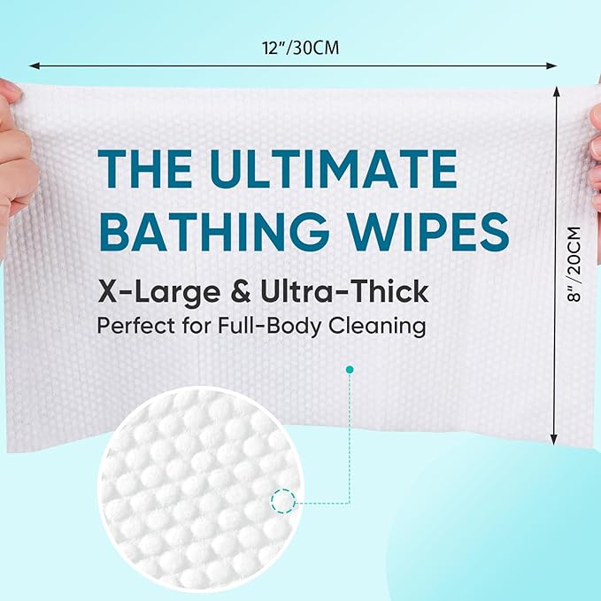 No Rinse Bathing Wipes for Adults - Extra Thick 8x12 Inch Disposable Shower Wipes Hypoallergenic Unscented Body Cleansing Cloths for Bed Bath Hospital Travel Camping - 300 Count(30 Packs)