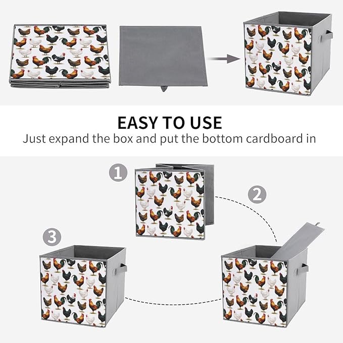 Collapsible Storage Box with Handles Cute Farm Animals Chicken Multi-Purpose Foldable Cube Bin for Pantry Garage Bathroom Quick-Fold Design for Easy Storage