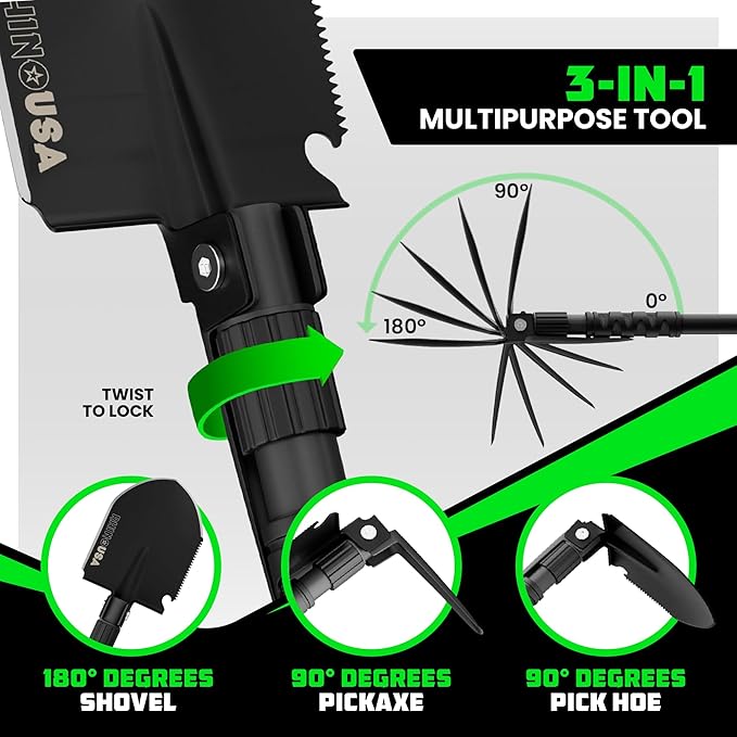 Rhino USA Survival Shovel w/Pick - Heavy Duty Carbon Steel Military Style Entrenching Tool for Off Road Camping Gardening Beach Digging Dirt Sand Mud &amp Snow. (Survival Shovel)