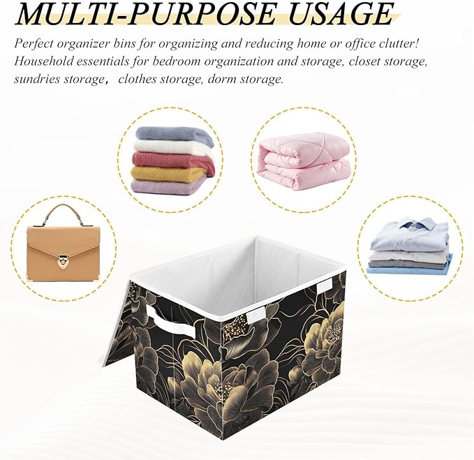 AIXIWAWA Storage Cube with Lid (Gold Black Floral) Fabric Foldable Closet Bins with Flip Lid and Handles Organizer Basket Container 16.5 x 12.6 x 11.8 IN