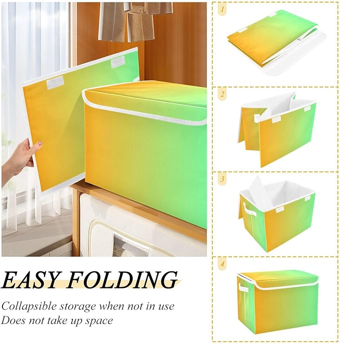 Yellow Green Gradient Storage Containers with Lids Foldable Box Organizer Storage Bins with Handles for Home Studyroom