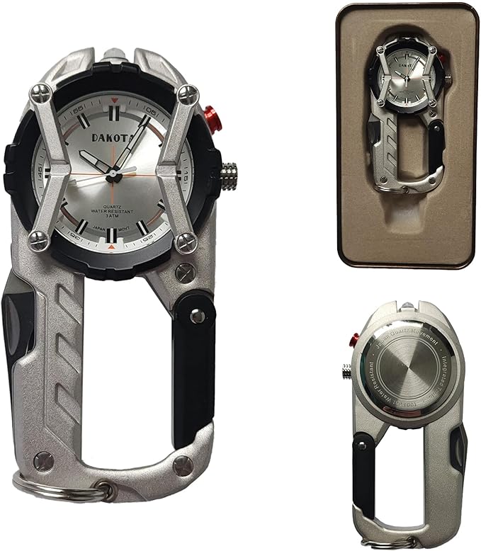 Multitool Clip Watch for Men – Silver | 100ft Water Resistant Clip-On Watch with LED Light Bottle Opener Screwdriver &amp Carabiner – Stainless Steel Outdoor Work &amp Camping Tool