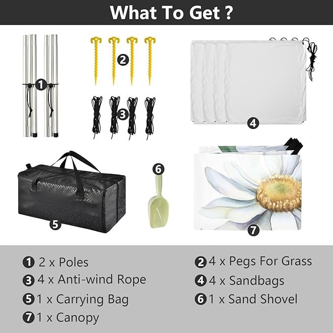 ALAZA White Daisies Flower Plant Flowers Wildflowers Beach Tent Sun Shelter Portable Canopy Sunshade for Outdoor Camping Picnics Backyard Fun 10x9 ft
