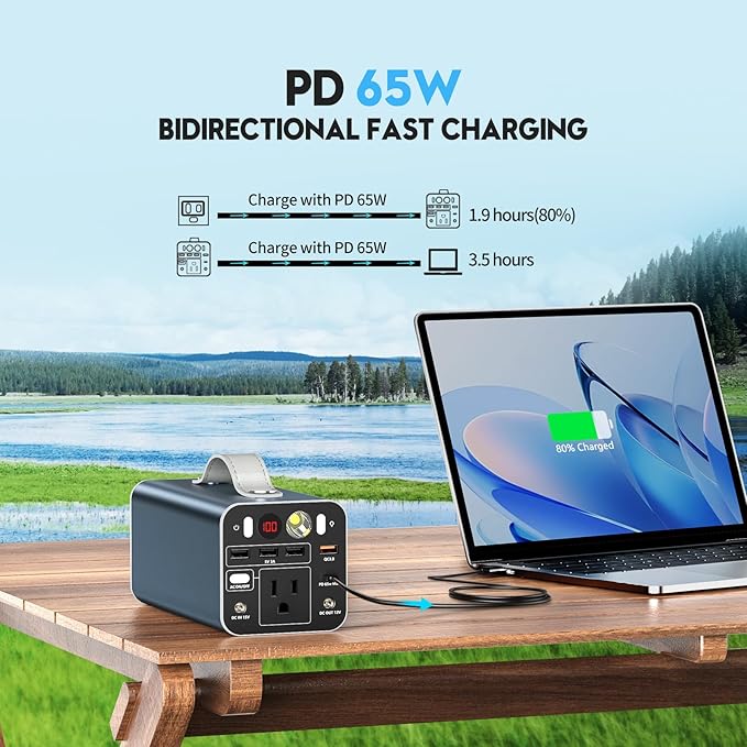 150W Portable Power Station 155.4Wh Portable Laptop Charger with AC Outlet DC/USB-C Port Battery Backup Power Supply for Outdoor Camping Home Outage