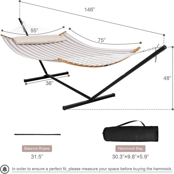 Double Hammock with Stand for Outside Quick Dry Hammock with Curved Spreader Bars Pillow and Carrying Bag 450 Lbs Capacity Light Brown Stripe
