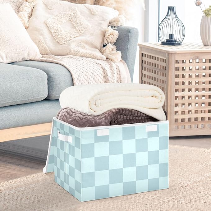 Storage Bins with Lids Storage Containers Storage Box with Handles Storage Organizer Bin Basket for Closet Shelves Clothes Stackable Foldable Checkered Blue 01