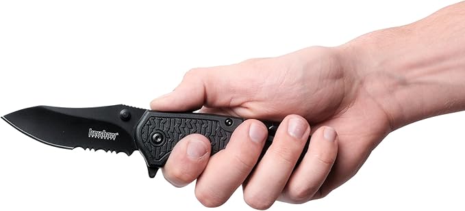 Kershaw Funxion EMT (8100) Multifunction Folding Pocketknife 3 inch Partially Serrated Stainless Steel Blade Carabiner Clip Cord Cutter Screwdriver Tip Hex Wrench Glassbreaker Tip  Black