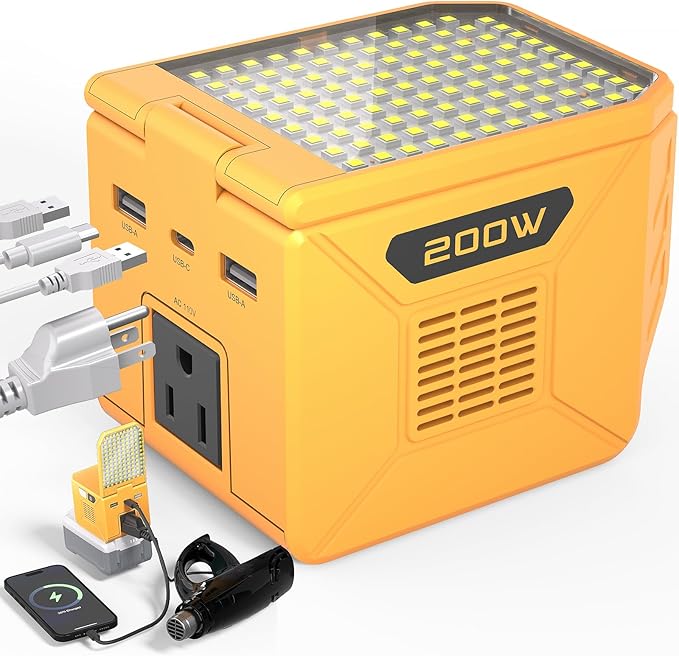 Power Inverter for DeWalt 20V Battery 200W (350W Peak) Portable Power Station Outdoor Generator Battery Converter with 2 USB-A &amp1 USB-C&amp110V AC &amp 500 LM LED Light (Tool Only)