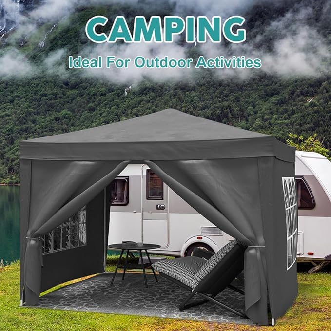 10'x10' Folding Canopy with 4 Removable Sidewalls Outdoor Event Shelter UPF 50+ Gazebo Portable Tents for Parties Beach Camping Wedding EZ Pop Up Canopy Weight Bag + Carry Bag (Black)