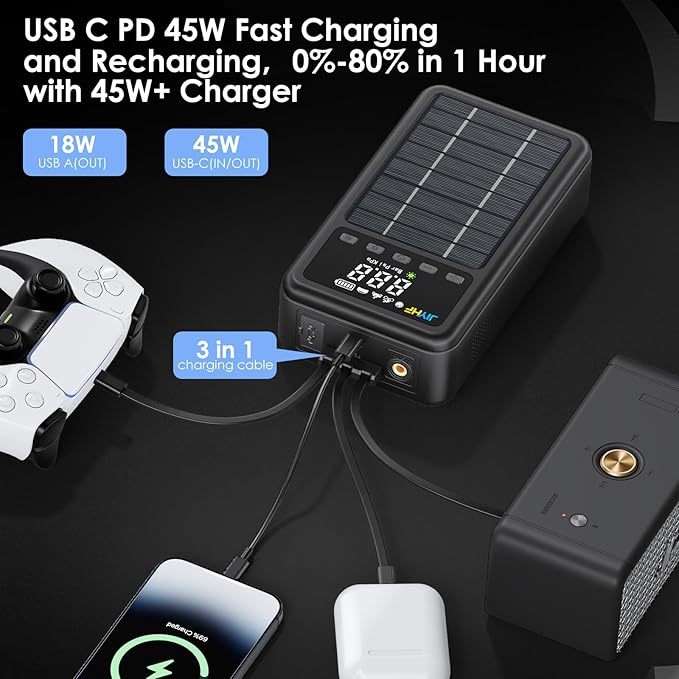 JIYHF Portable Power Station 74Wh Solar Generator &amp Backup Power with 45W USB-C PD 3000A Jump Starter with Air Compressor Ideal as a Portable Power for Emergency car Battery Jumper RV inflat